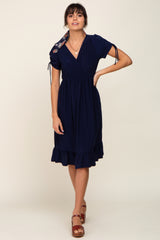 Navy Cinched Sleeve Midi Dress