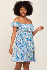 Blue Floral Ruffle Off Shoulder Dress