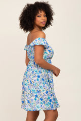 Blue Floral Ruffle Off Shoulder Dress