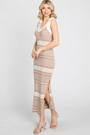 Taupe Striped Ribbed Sleeveless Knit Dress