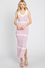 Lavender Striped Ribbed Sleeveless Knit Dress