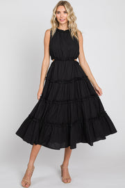 Black Tiered Ruffle Cutout Midi Dress