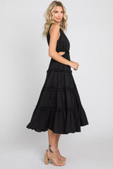 Black Tiered Ruffle Cutout Midi Dress