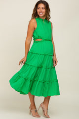 Green Tiered Ruffle Cutout Maternity Midi Dress