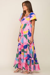 Pink Abstract Print Puff Sleeve Maxi Dress