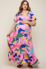 Pink Abstract Print Puff Sleeve Maternity Plus Maxi Dress