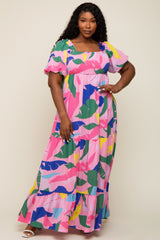 Pink Abstract Print Puff Sleeve Maternity Plus Maxi Dress