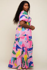 Pink Abstract Print Puff Sleeve Plus Maxi Dress