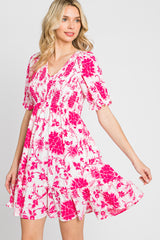 Fuchsia Floral Smocked Puff Sleeve Maternity Dress