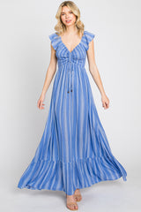 Blue Striped Off Shoulder Front Tie Maxi Dress