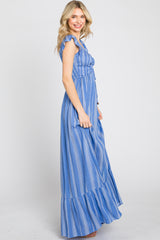 Blue Striped Off Shoulder Front Tie Maxi Dress