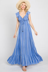 Blue Striped Off Shoulder Front Tie Maternity Maxi Dress