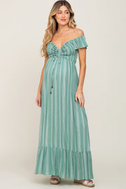 Green Striped Off Shoulder Front Tie Maternity Maxi Dress