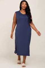 Navy Sleeveless Front Pocket Maternity Plus Midi Dress