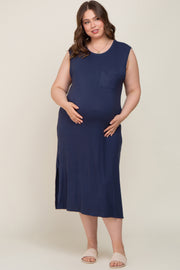 Navy Sleeveless Front Pocket Maternity Plus Midi Dress