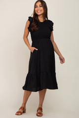 Black Smocked Layered Ruffle Flutter Sleeve Maternity Midi Dress