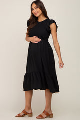 Black Smocked Layered Ruffle Flutter Sleeve Maternity Midi Dress