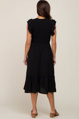 Black Smocked Layered Ruffle Flutter Sleeve Maternity Midi Dress