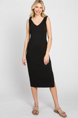 Black Ribbed Shoulder Tie Maternity Midi Dress