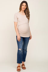 Beige Ribbed Wrap Front Maternity/Nursing Top