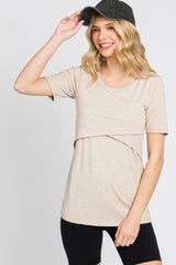 Beige Ribbed Wrap Front Maternity/Nursing Top