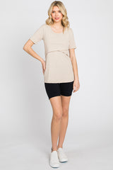 Beige Ribbed Wrap Front Nursing Top