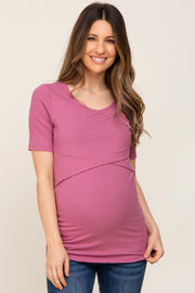 Mauve Ribbed Wrap Front Maternity/Nursing Top