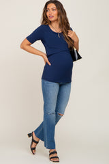 Navy Blue Ribbed Wrap Front Maternity/Nursing Top