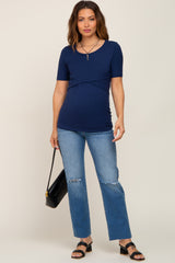 Navy Blue Ribbed Wrap Front Maternity/Nursing Top