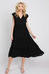 Black Ruffle Accent Tiered Maternity Midi Dress