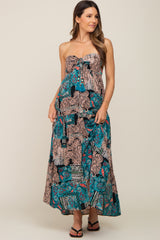 Teal Printed Halter Tassel Front Tie Maternity Maxi Dress