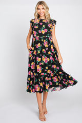 Black Floral Ruffle Shoulder Mock Neck Maternity Midi Dress