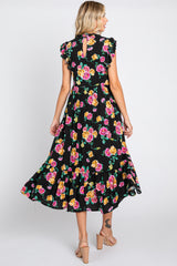 Black Floral Ruffle Shoulder Tiered Midi Dress