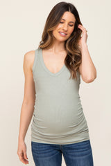 Sage Ribbed Sleeveless Ruched Maternity Tank Top