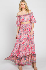 Pink Floral Off Shoulder Maxi Skirt Set