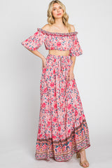 Pink Floral Off Shoulder Maxi Skirt Set