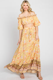 Yellow Floral Off Shoulder Maxi Skirt Set