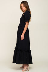 Black Puff Sleeve Ruffle Accent Maxi Dress