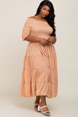 Peach Ditsy Smocked Tiered Off Shoulder Maternity Plus Midi Dress