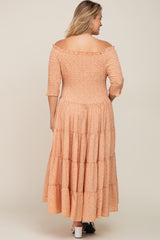 Peach Ditsy Smocked Tiered Off Shoulder Maternity Plus Midi Dress