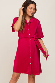 Magenta Pleated Button Front Tied Waist Maternity Dress