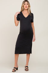 Black V-Neck Short Sleeve Side Slit Maternity Midi Dress