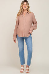 Taupe Plisse Maternity Chiffon Blouse