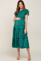 Green Print Smocked Ruffle Tiered Maternity Midi Dress