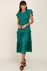 Green Print Smocked Ruffle Tiered Maternity Midi Dress