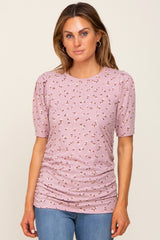 Mauve Floral Side Ruched Short Sleeve Top