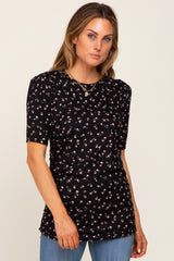 Black Floral Side Ruched Short Sleeve Top