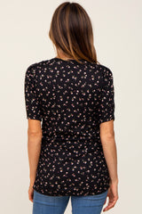 Black Floral Side Ruched Short Sleeve Top