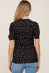 Black Floral Side Ruched Maternity Short Sleeve Top