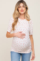 Ivory Floral Side Ruched Maternity Short Sleeve Top